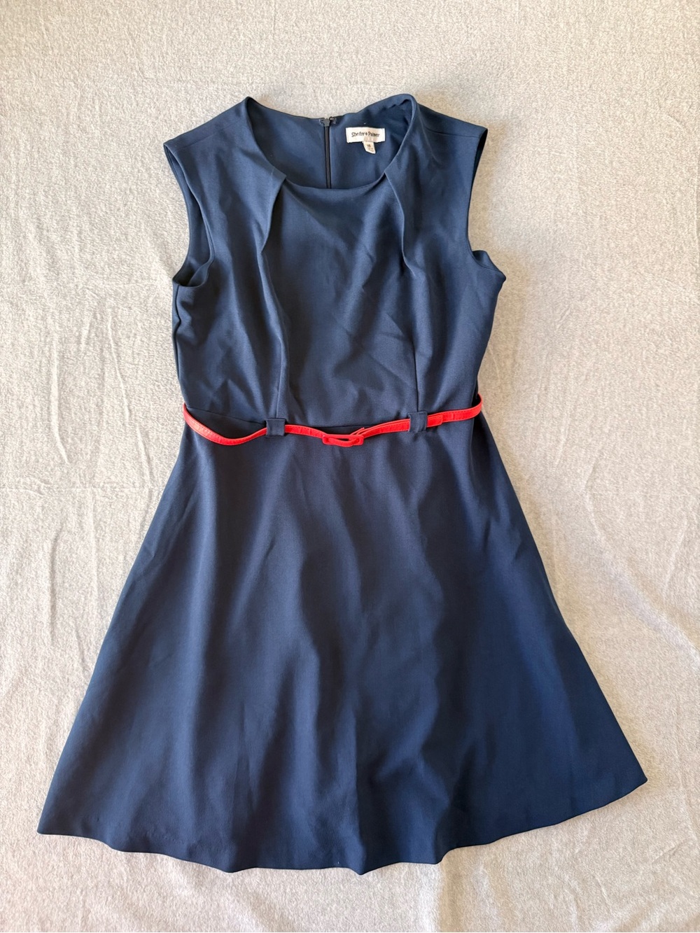 Retro Style Navy Fit Flare Dress 50s 60s Inspired Red Belt Size 16